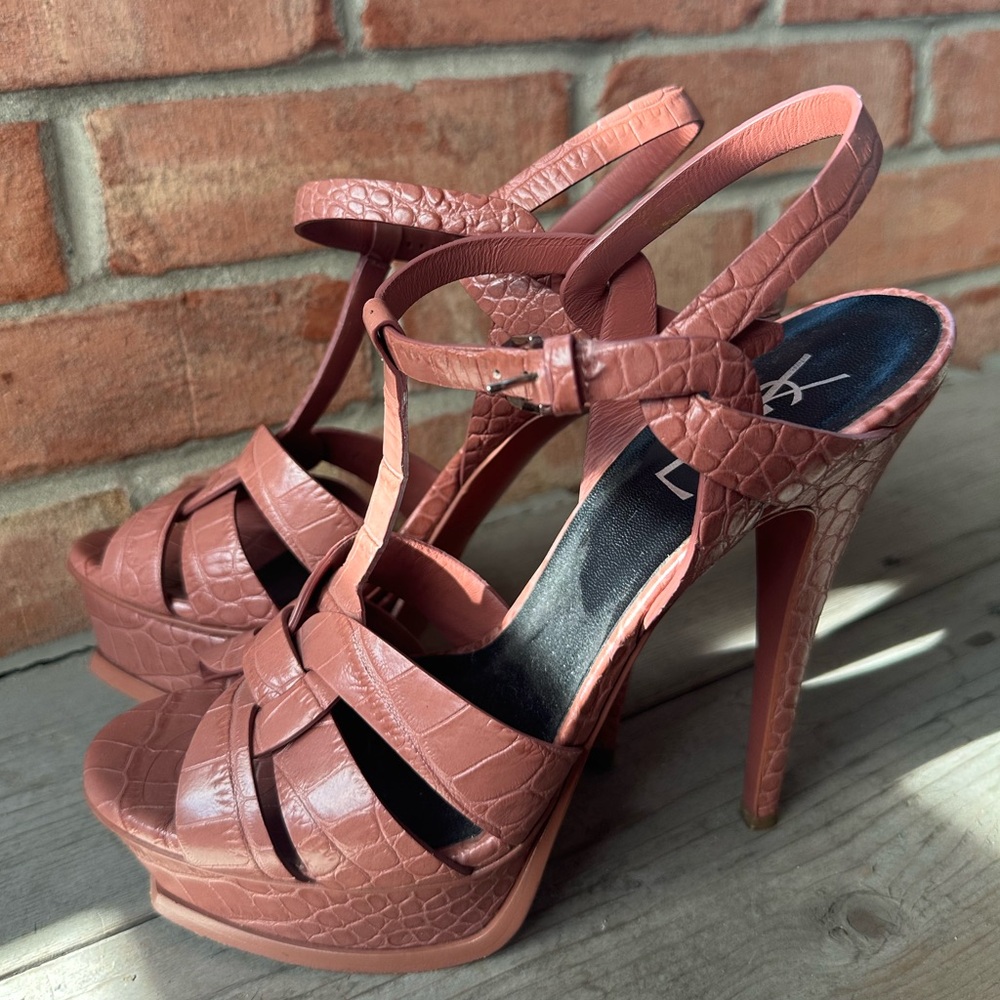 Saint Laurent Pink Lizard Embossed Leather Tribute Platform Size 38